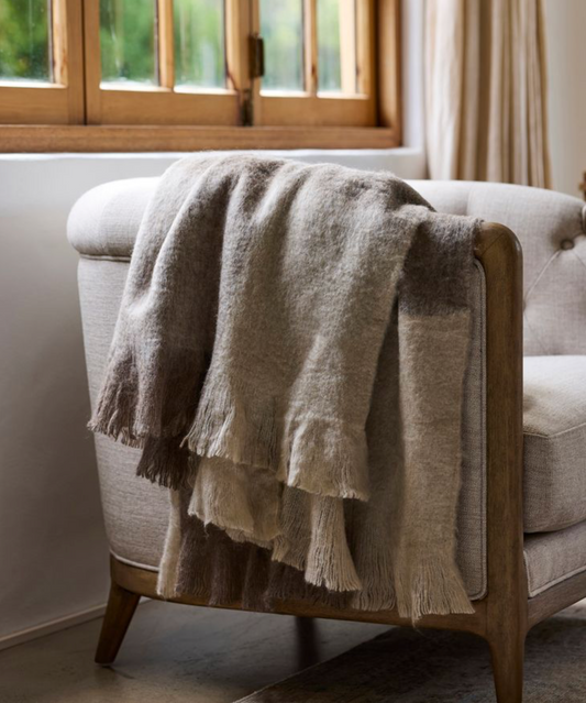 BEIGE BROWN PLAID FRINGE THROW