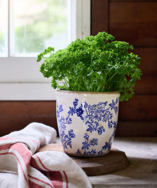 BLUE FLORAL HERB POT - LARGE