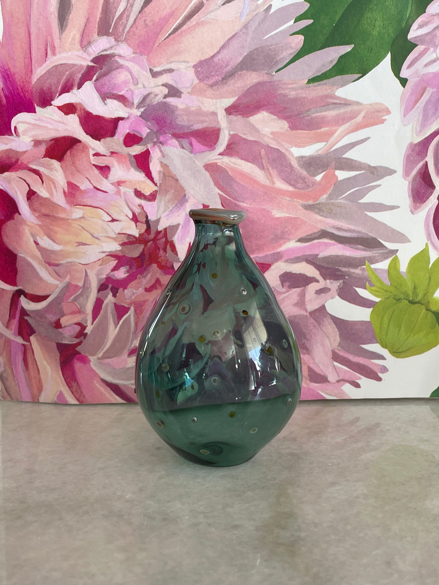 HANDBLOWN TEAL & PINK POLKA DOT GLASS BUD VASE