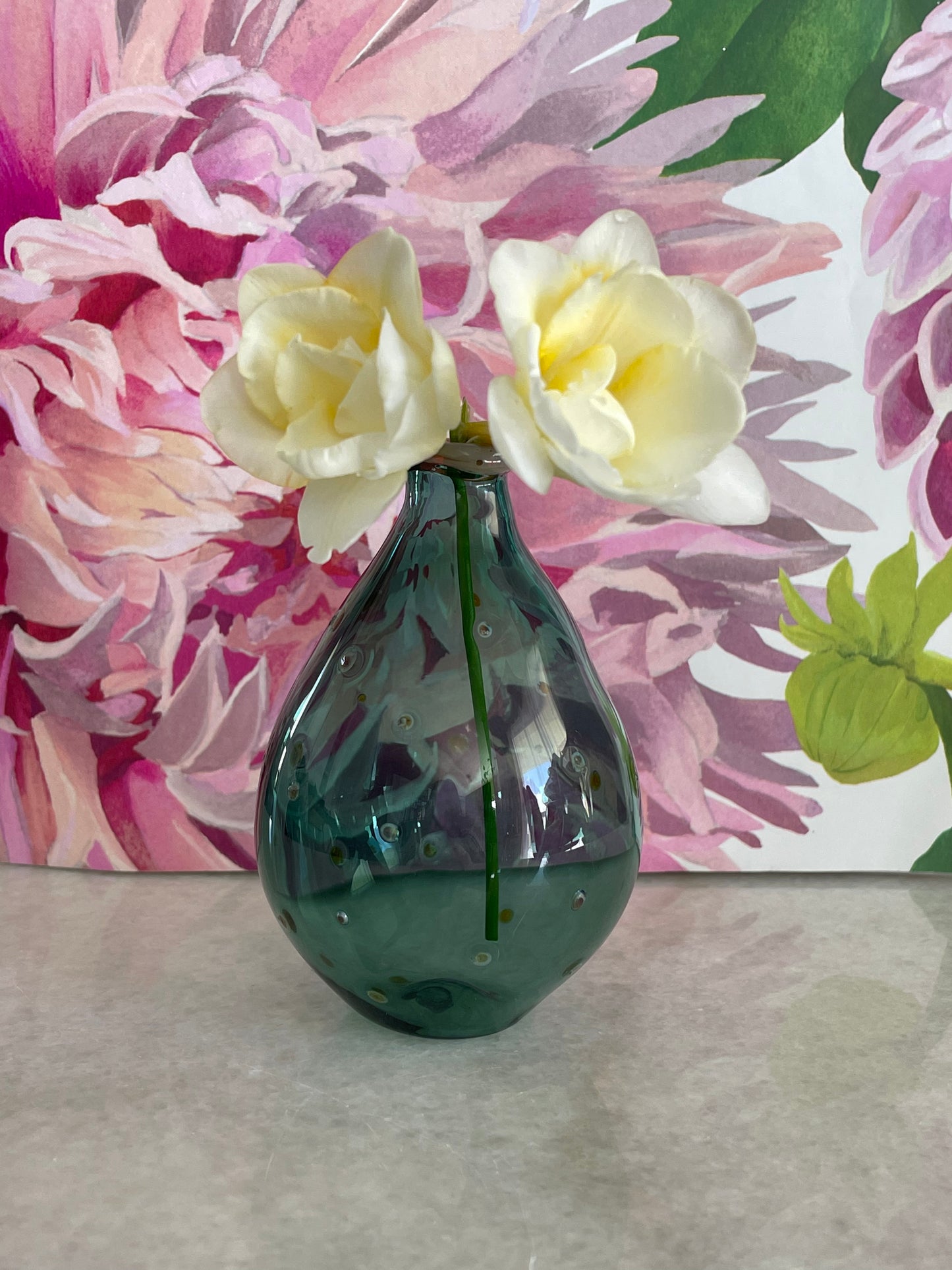 HANDBLOWN TEAL & PINK POLKA DOT GLASS BUD VASE