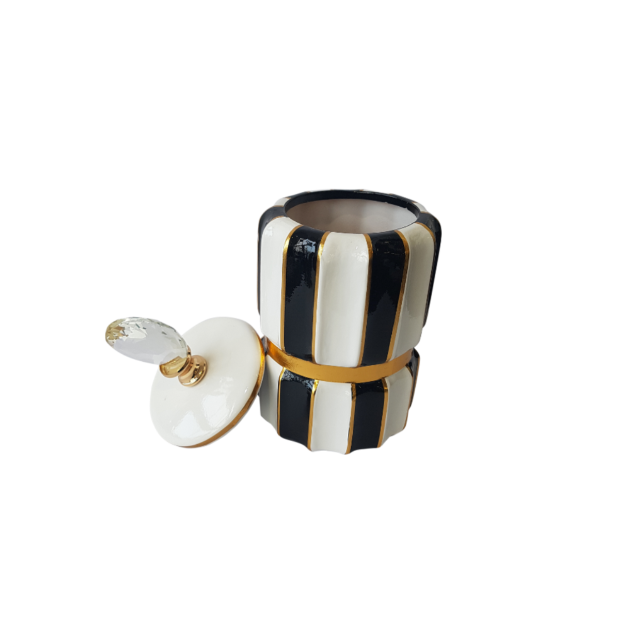 BLACK & WHITE STRIPED VASE WITH LID